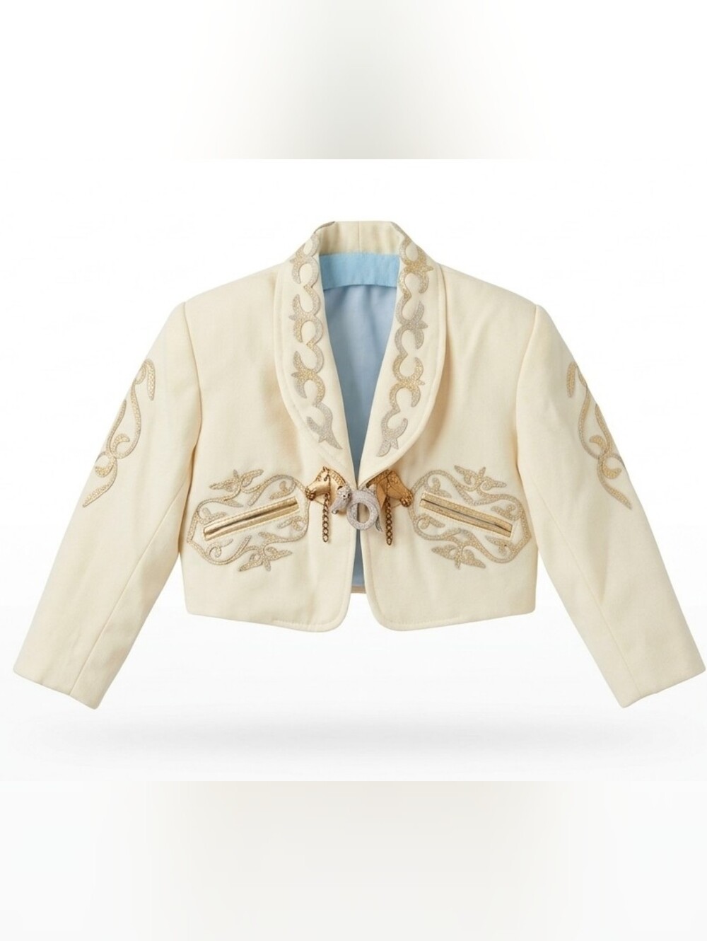 566 Vintage Kids Mariachi Charro Traje Jacket Off White Gold Embroidery Horse